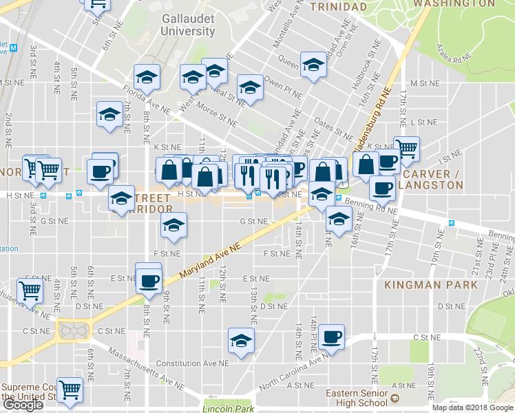 map of restaurants, bars, coffee shops, grocery stores, and more near 725 13th Street Northeast in Washington