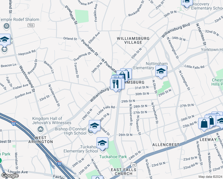 map of restaurants, bars, coffee shops, grocery stores, and more near 6524 Williamsburg Boulevard in Arlington