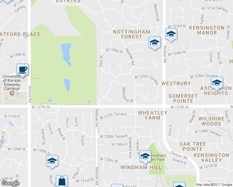 map of restaurants, bars, coffee shops, grocery stores, and more near 11005 West 126th Street in Overland Park