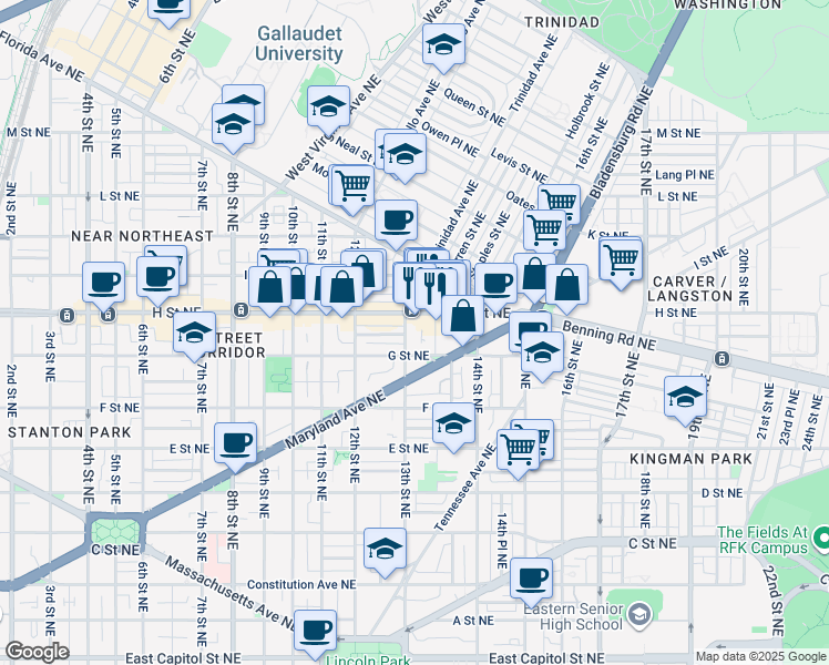map of restaurants, bars, coffee shops, grocery stores, and more near 725 13th Street Northeast in Washington