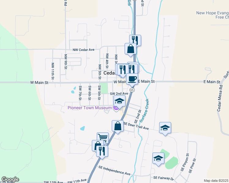 map of restaurants, bars, coffee shops, grocery stores, and more near 290 Southwest 2nd Avenue in Cedaredge