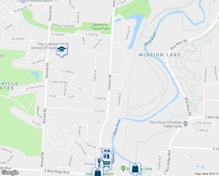map of restaurants, bars, coffee shops, grocery stores, and more near Holmes Rd & E 125 St in Kansas City