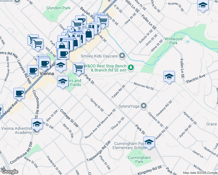 map of restaurants, bars, coffee shops, grocery stores, and more near 220 Manvell Road Southeast in Vienna