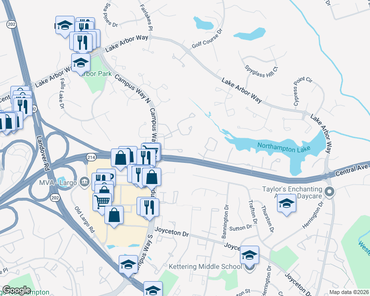 map of restaurants, bars, coffee shops, grocery stores, and more near 709 Bright Sun Drive in Bowie