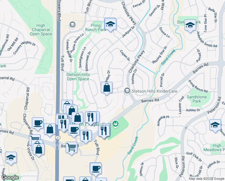 map of restaurants, bars, coffee shops, grocery stores, and more near 4846 Ardley Drive in Colorado Springs