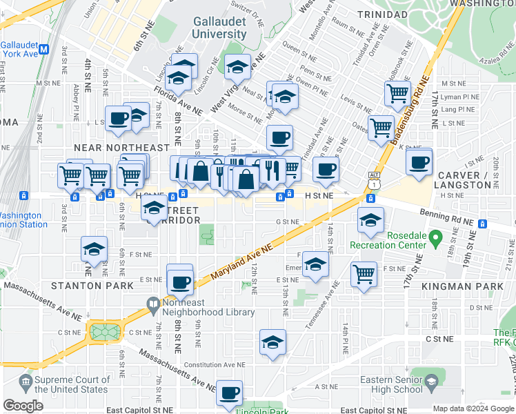 map of restaurants, bars, coffee shops, grocery stores, and more near 721 12th Street Northeast in Washington