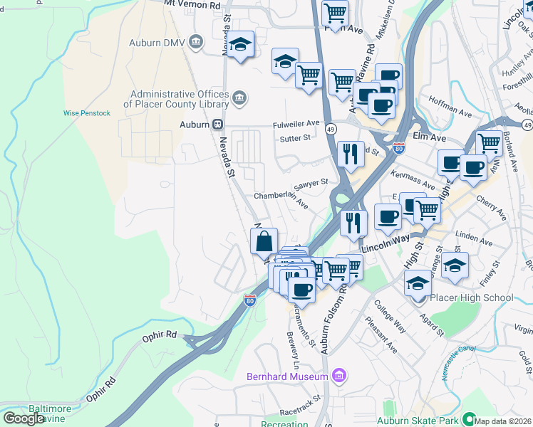 map of restaurants, bars, coffee shops, grocery stores, and more near 102 McClung St in Auburn