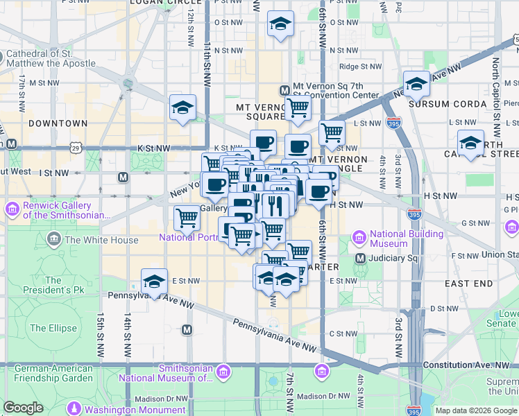 map of restaurants, bars, coffee shops, grocery stores, and more near 799 9th Street Northwest in Washington