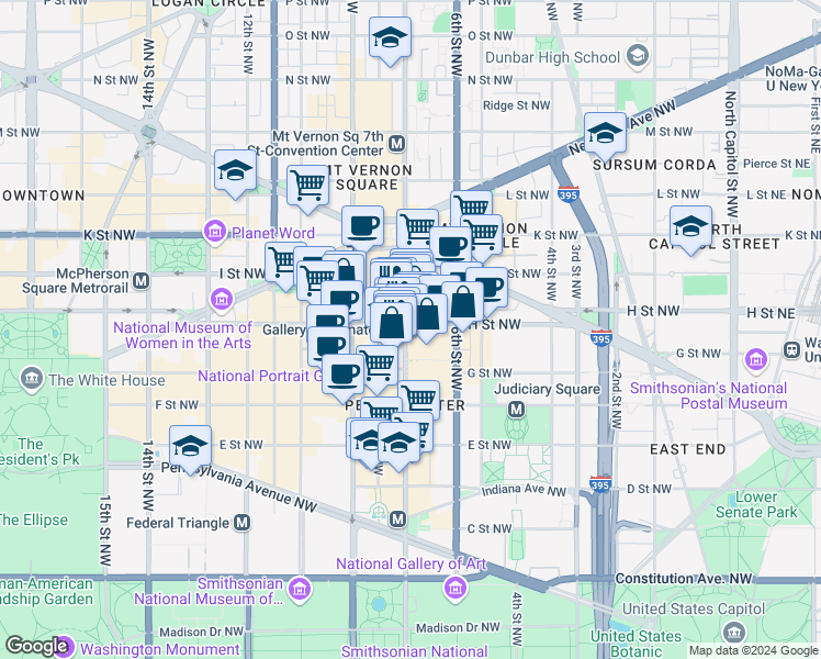 map of restaurants, bars, coffee shops, grocery stores, and more near 646 H Street Northwest in Washington