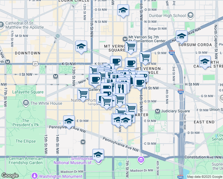 map of restaurants, bars, coffee shops, grocery stores, and more near 900 H Street Northwest in Washington