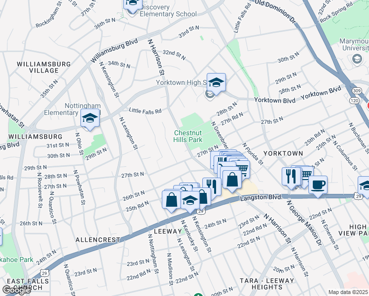 map of restaurants, bars, coffee shops, grocery stores, and more near 2726 North Harrison Street in Arlington