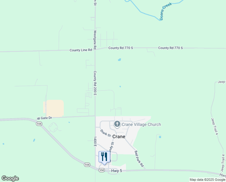 map of restaurants, bars, coffee shops, grocery stores, and more near 27610 1400 East in Crane