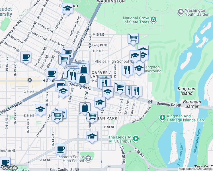 map of restaurants, bars, coffee shops, grocery stores, and more near 101 Independence Avenue Southeast in Washington