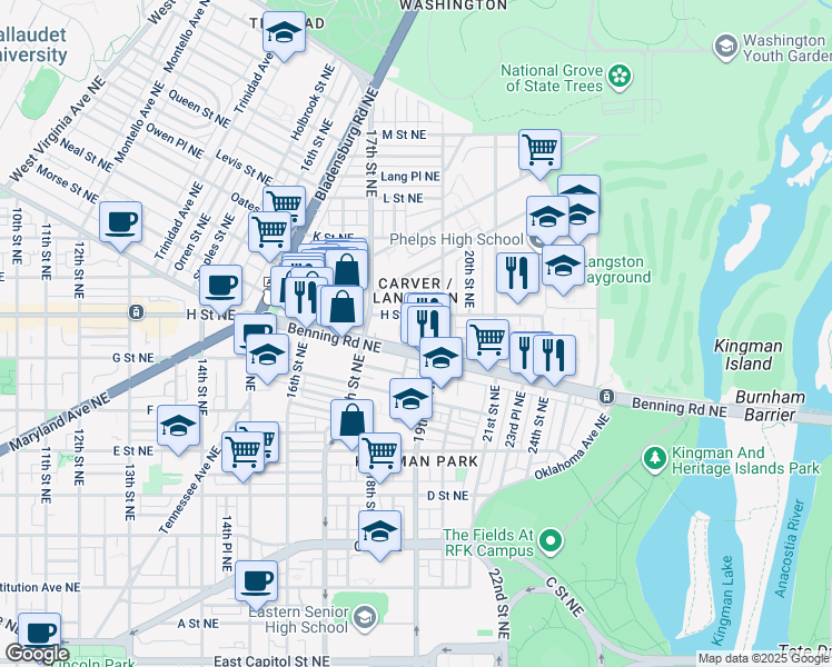 map of restaurants, bars, coffee shops, grocery stores, and more near 771 18th Street Northeast in Washington