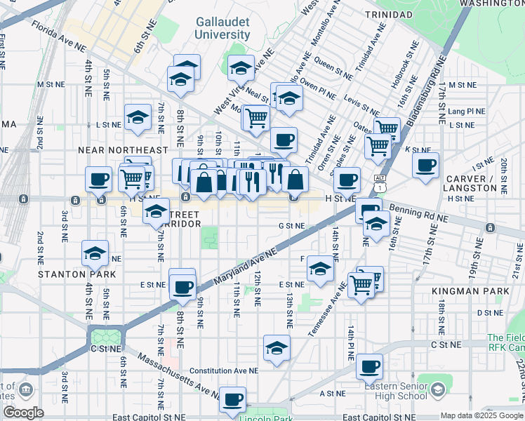 map of restaurants, bars, coffee shops, grocery stores, and more near 721 12th Street Northeast in Washington