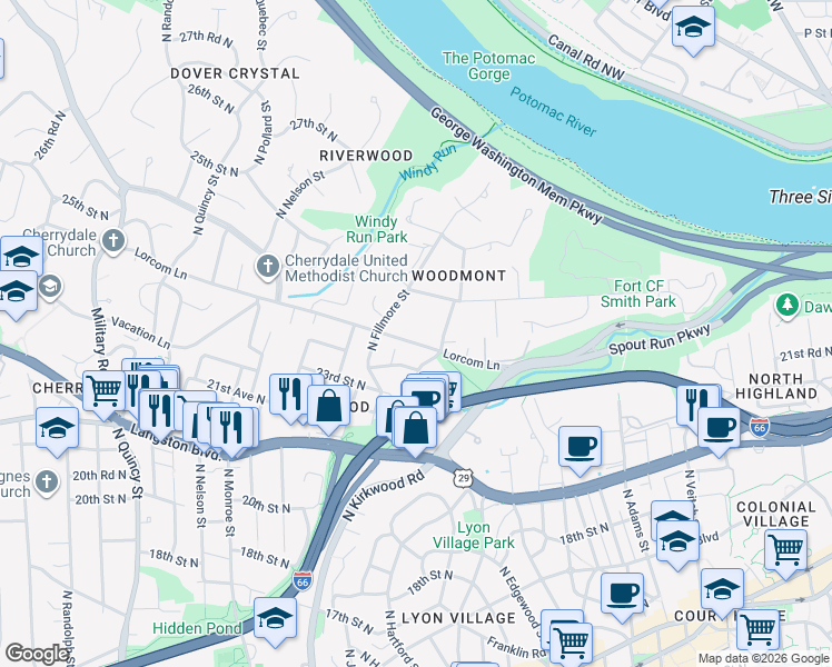 map of restaurants, bars, coffee shops, grocery stores, and more near 2819 Lorcom Lane in Arlington