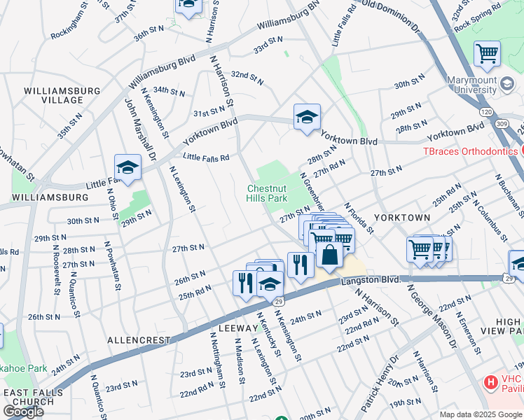 map of restaurants, bars, coffee shops, grocery stores, and more near 2726 North Harrison Street in Arlington