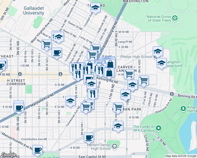 map of restaurants, bars, coffee shops, grocery stores, and more near 101 Independence Avenue Southeast in Washington