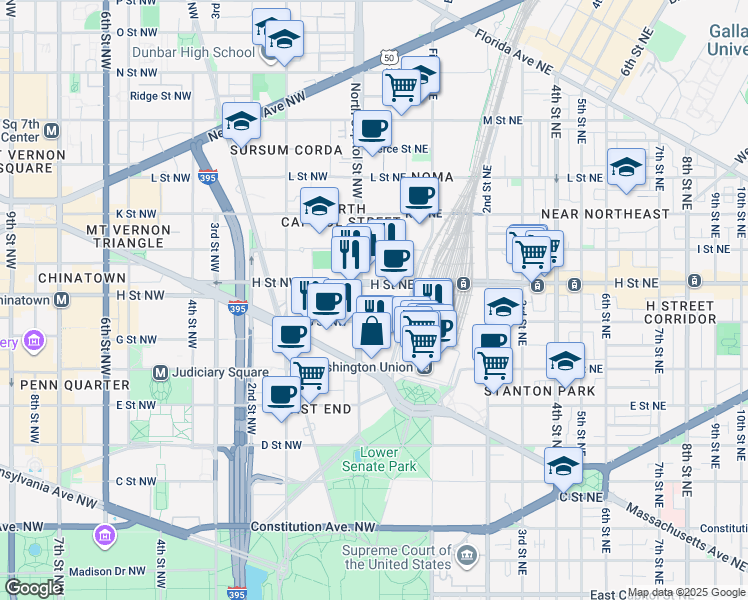 map of restaurants, bars, coffee shops, grocery stores, and more near 10 G Street Northeast in Washington
