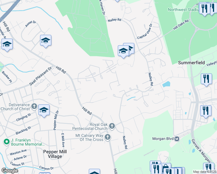 map of restaurants, bars, coffee shops, grocery stores, and more near 7424 Belgravia Lane in Hyattsville
