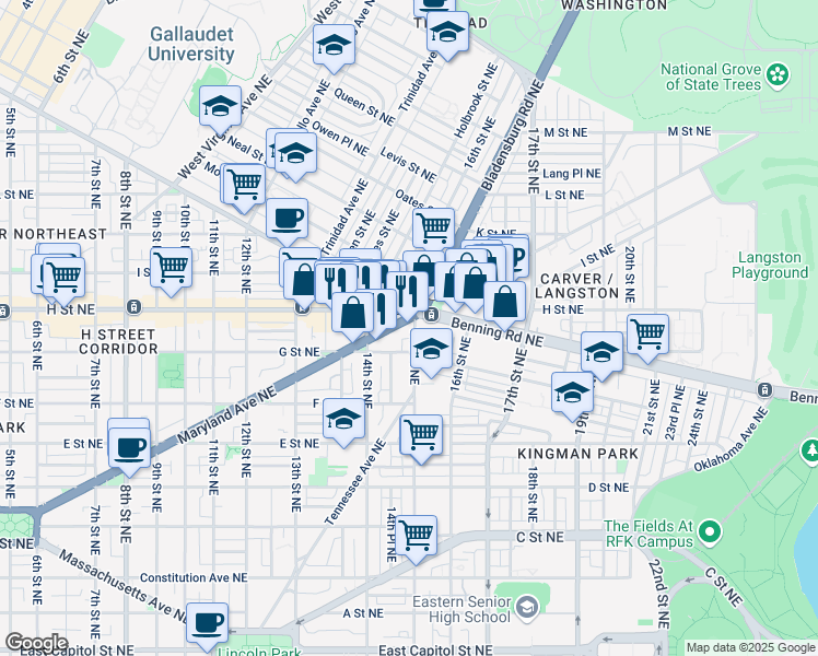 map of restaurants, bars, coffee shops, grocery stores, and more near 101 Independence Avenue Southeast in Washington
