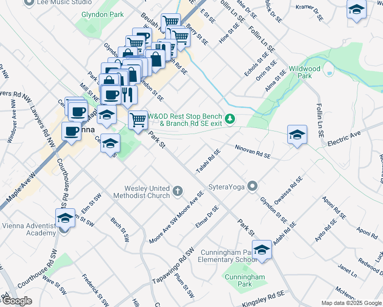 map of restaurants, bars, coffee shops, grocery stores, and more near 220 Manvell Road Southeast in Vienna