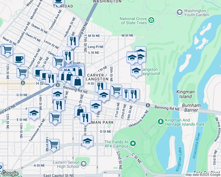 map of restaurants, bars, coffee shops, grocery stores, and more near 1926 Bennett Place Northeast in Washington