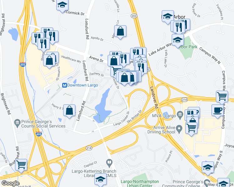 map of restaurants, bars, coffee shops, grocery stores, and more near 9605 Lake Point Court in Upper Marlboro