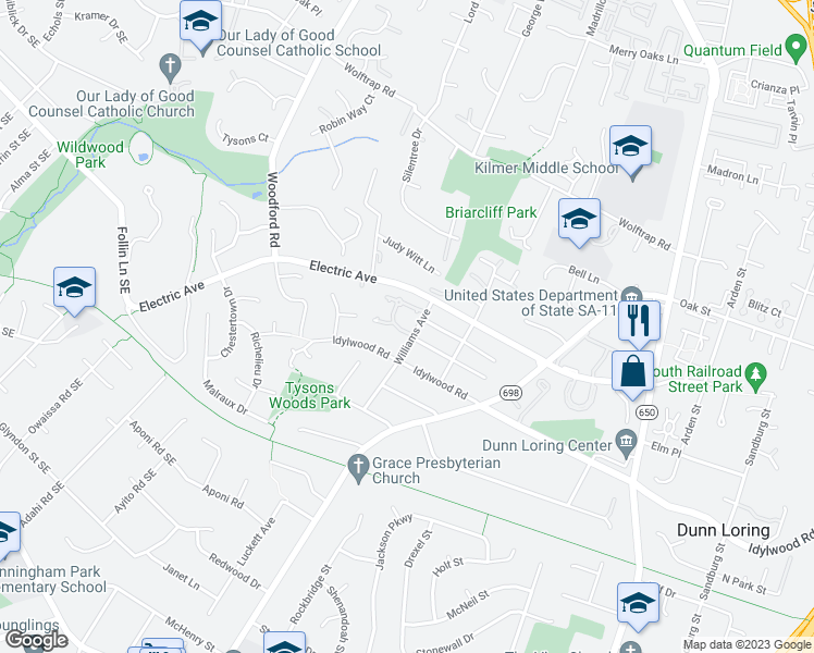 map of restaurants, bars, coffee shops, grocery stores, and more near 8402 Hollis Lane in Vienna