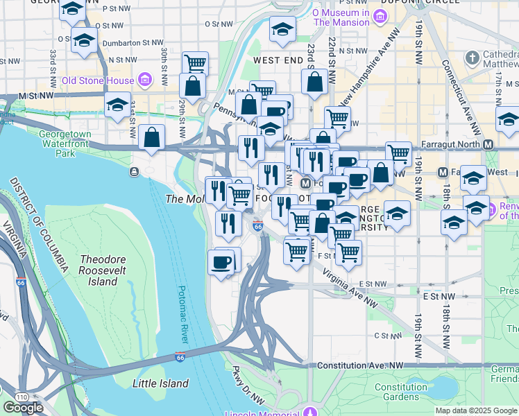 map of restaurants, bars, coffee shops, grocery stores, and more near 25th Street Northwest in Washington
