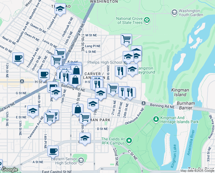 map of restaurants, bars, coffee shops, grocery stores, and more near 101 Independence Avenue Southeast in Washington