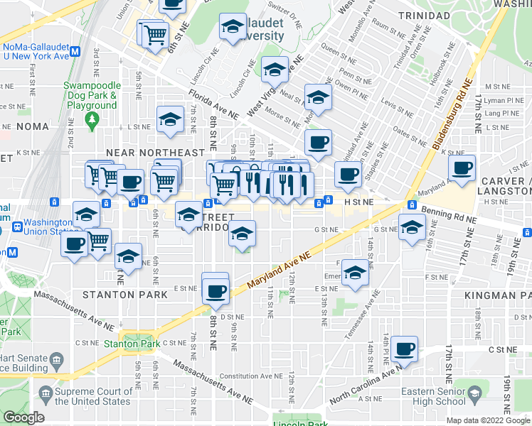 map of restaurants, bars, coffee shops, grocery stores, and more near 730 11th Street Northeast in Washington