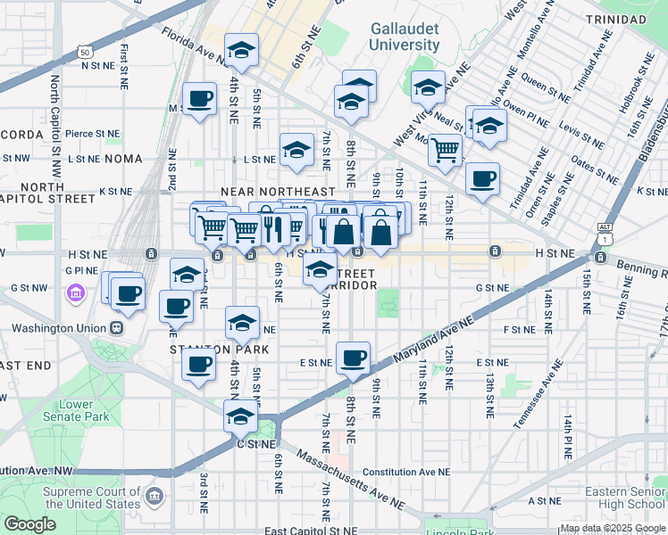 map of restaurants, bars, coffee shops, grocery stores, and more near 725 7th Street Northeast in Washington