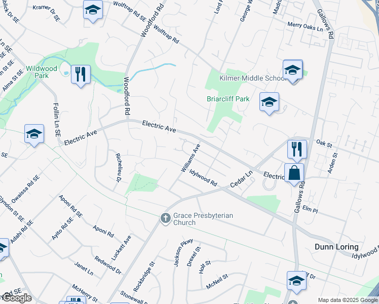 map of restaurants, bars, coffee shops, grocery stores, and more near 8402 Hollis Lane in Vienna