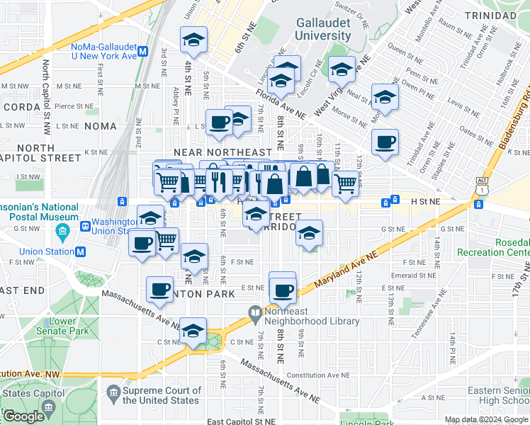 map of restaurants, bars, coffee shops, grocery stores, and more near 725 7th Street Northeast in Washington