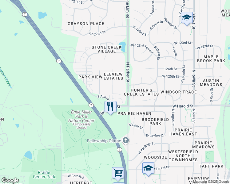 map of restaurants, bars, coffee shops, grocery stores, and more near 1200 North Leeview Drive in Olathe
