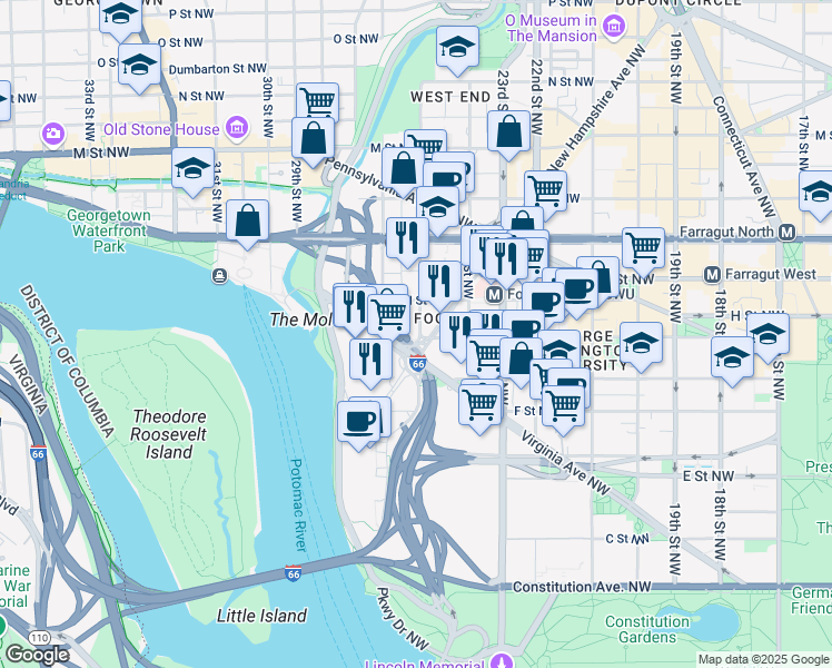 map of restaurants, bars, coffee shops, grocery stores, and more near 800 25th Street Northwest in Washington
