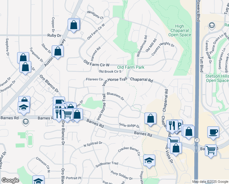 map of restaurants, bars, coffee shops, grocery stores, and more near 5150 Bluestem Drive in Colorado Springs