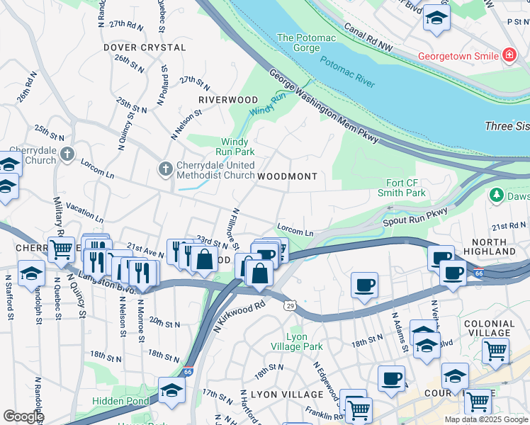 map of restaurants, bars, coffee shops, grocery stores, and more near 2813 Lorcom Lane in Arlington