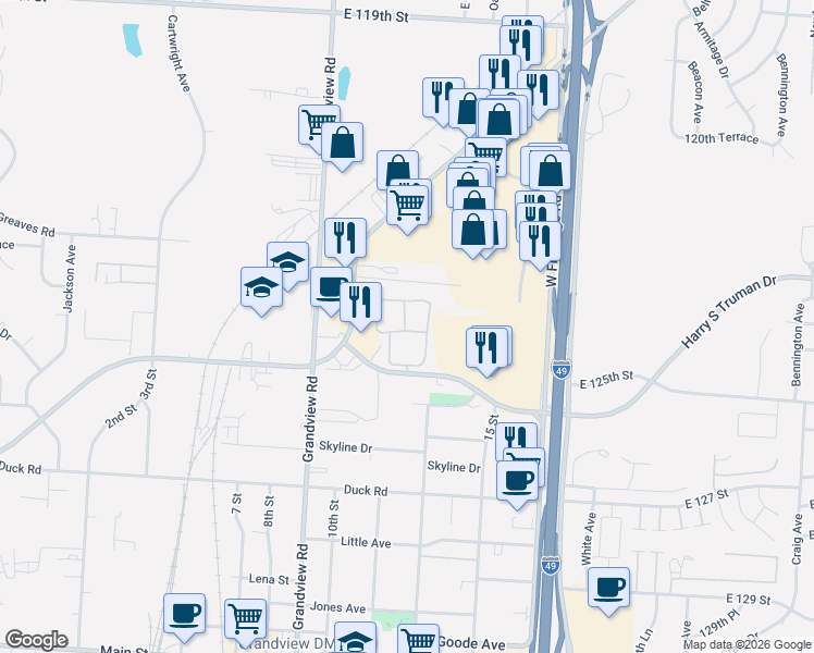 map of restaurants, bars, coffee shops, grocery stores, and more near 5300 Harry S Truman Drive in Grandview
