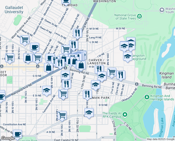 map of restaurants, bars, coffee shops, grocery stores, and more near 101 Independence Avenue Southeast in Washington