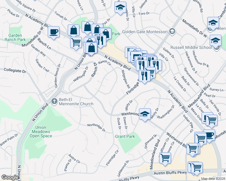 map of restaurants, bars, coffee shops, grocery stores, and more near 2902 Flintridge Square in Colorado Springs