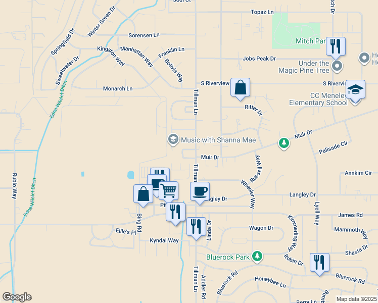 map of restaurants, bars, coffee shops, grocery stores, and more near 1302 Muir Drive in Gardnerville