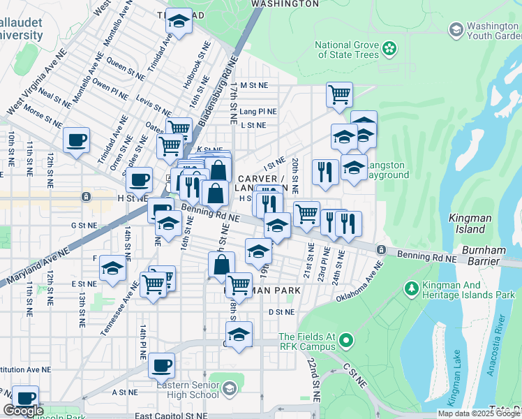 map of restaurants, bars, coffee shops, grocery stores, and more near 101 Independence Avenue Southeast in Washington