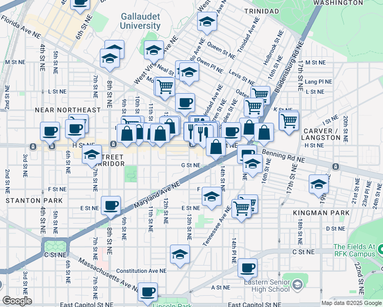 map of restaurants, bars, coffee shops, grocery stores, and more near 101 Independence Avenue Southeast in Washington