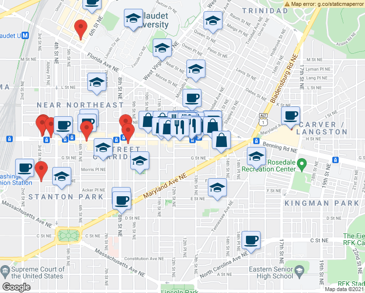 map of restaurants, bars, coffee shops, grocery stores, and more near 101 Independence Avenue Southeast in Washington
