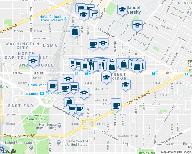 map of restaurants, bars, coffee shops, grocery stores, and more near 101 Independence Avenue Southeast in Washington