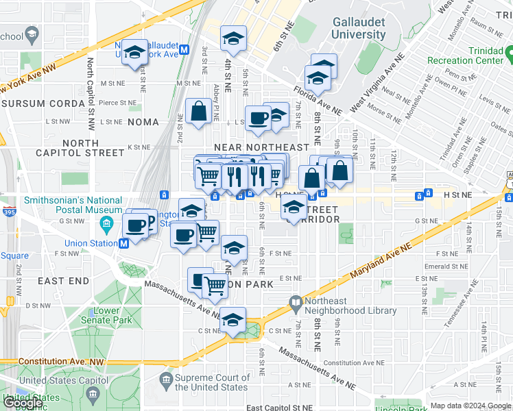 map of restaurants, bars, coffee shops, grocery stores, and more near 101 Independence Avenue Southeast in Washington