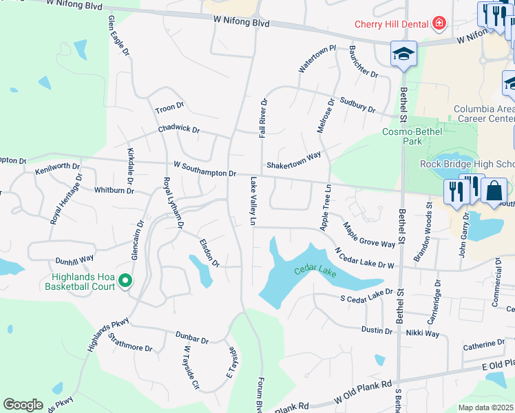 map of restaurants, bars, coffee shops, grocery stores, and more near 702-704 Pear Tree Circle in Columbia