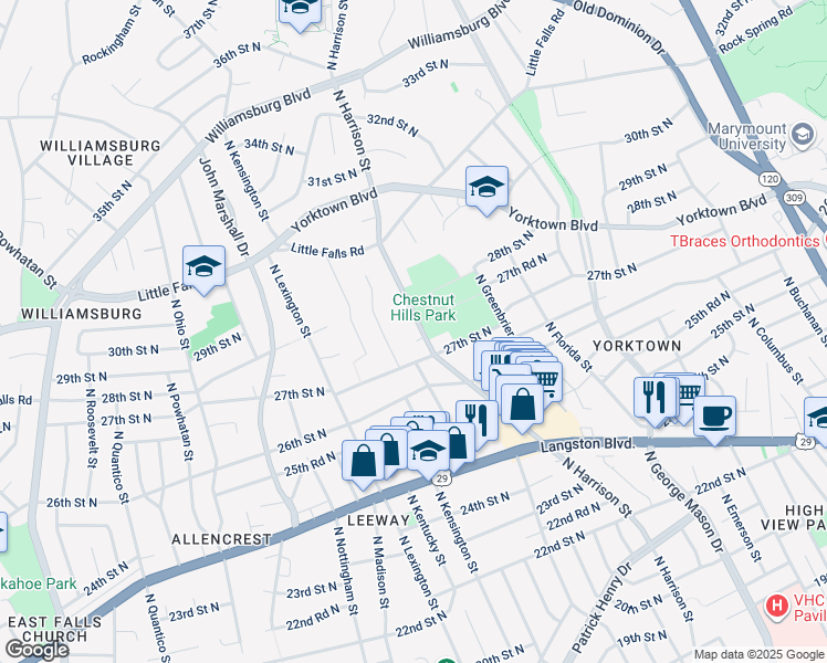 map of restaurants, bars, coffee shops, grocery stores, and more near 2726 North Harrison Street in Arlington